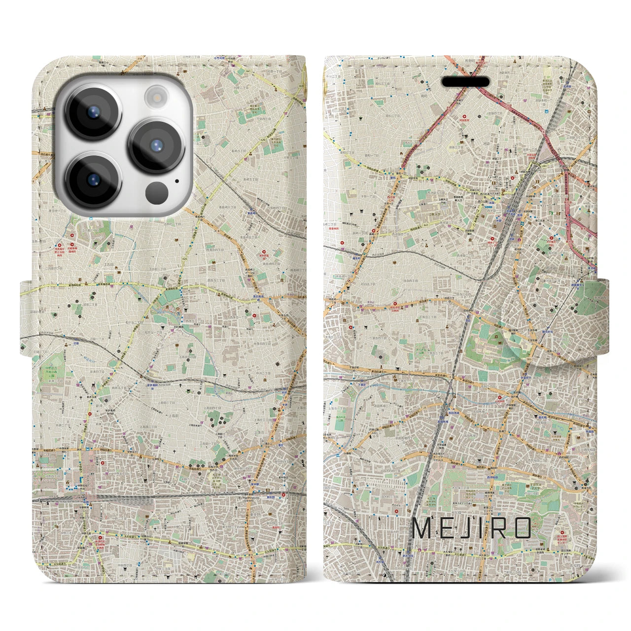 【目白】地図柄iPhoneケース（手帳両面タイプ・ナチュラル）iPhone 14 Pro 用