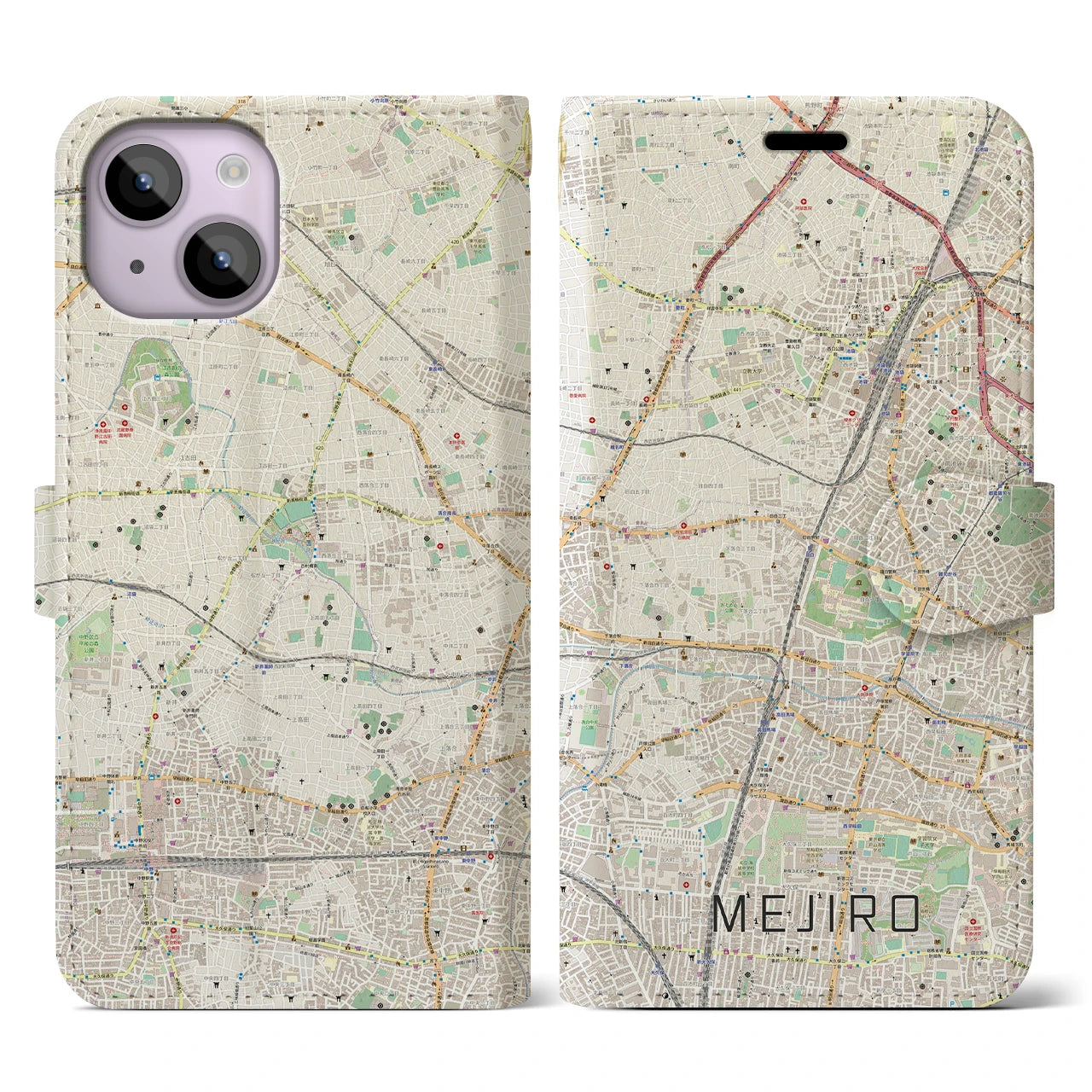 【目白】地図柄iPhoneケース（手帳両面タイプ・ナチュラル）iPhone 14 用