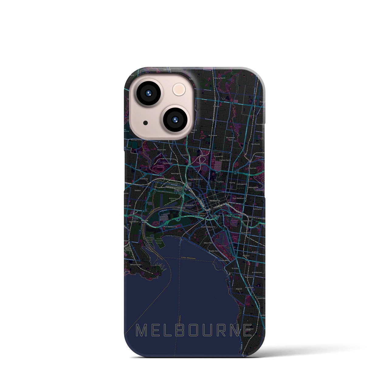 【メルボルン】地図柄iPhoneケース（バックカバータイプ・ブラック）iPhone 13 mini 用