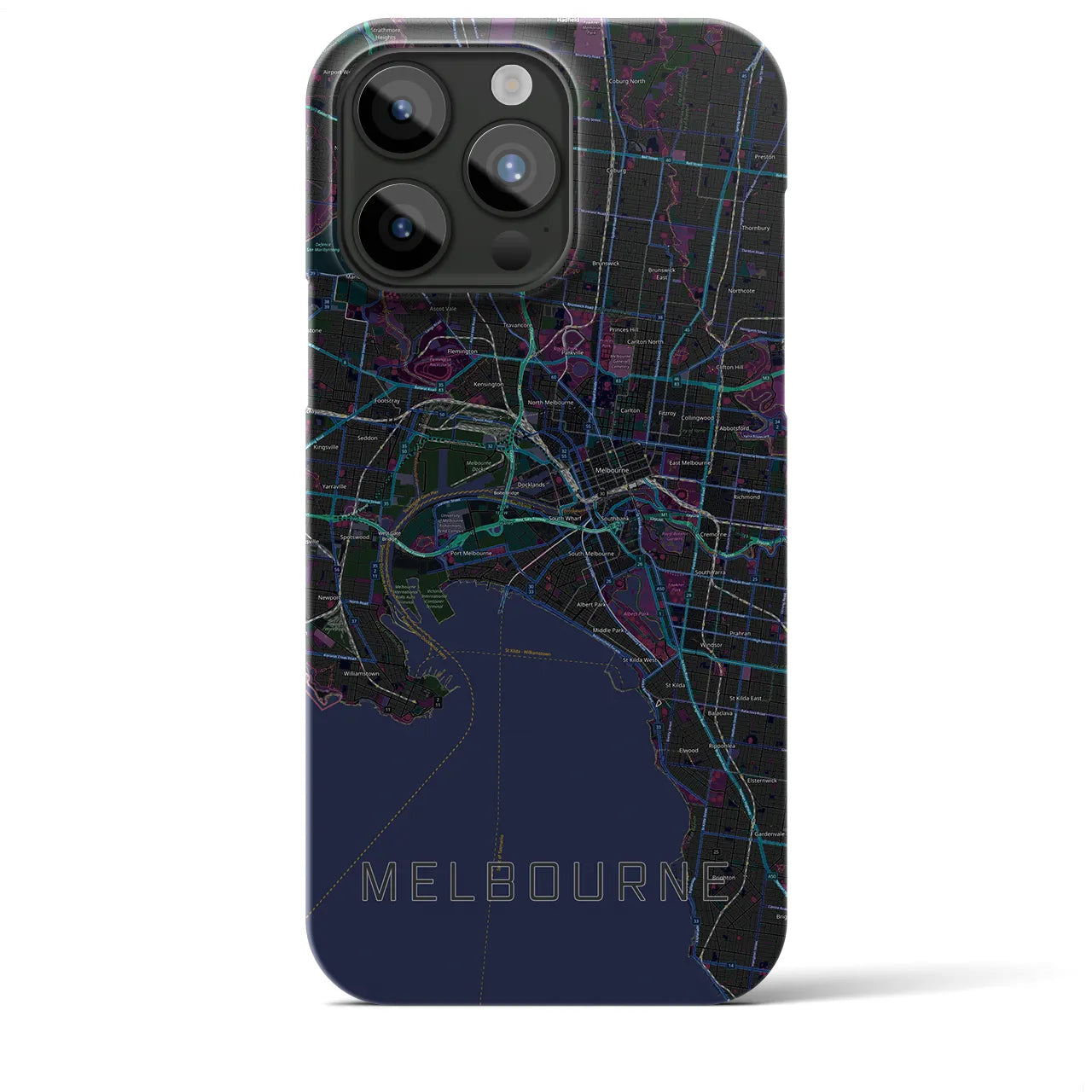【メルボルン】地図柄iPhoneケース（バックカバータイプ・ブラック）iPhone 15 Pro Max 用