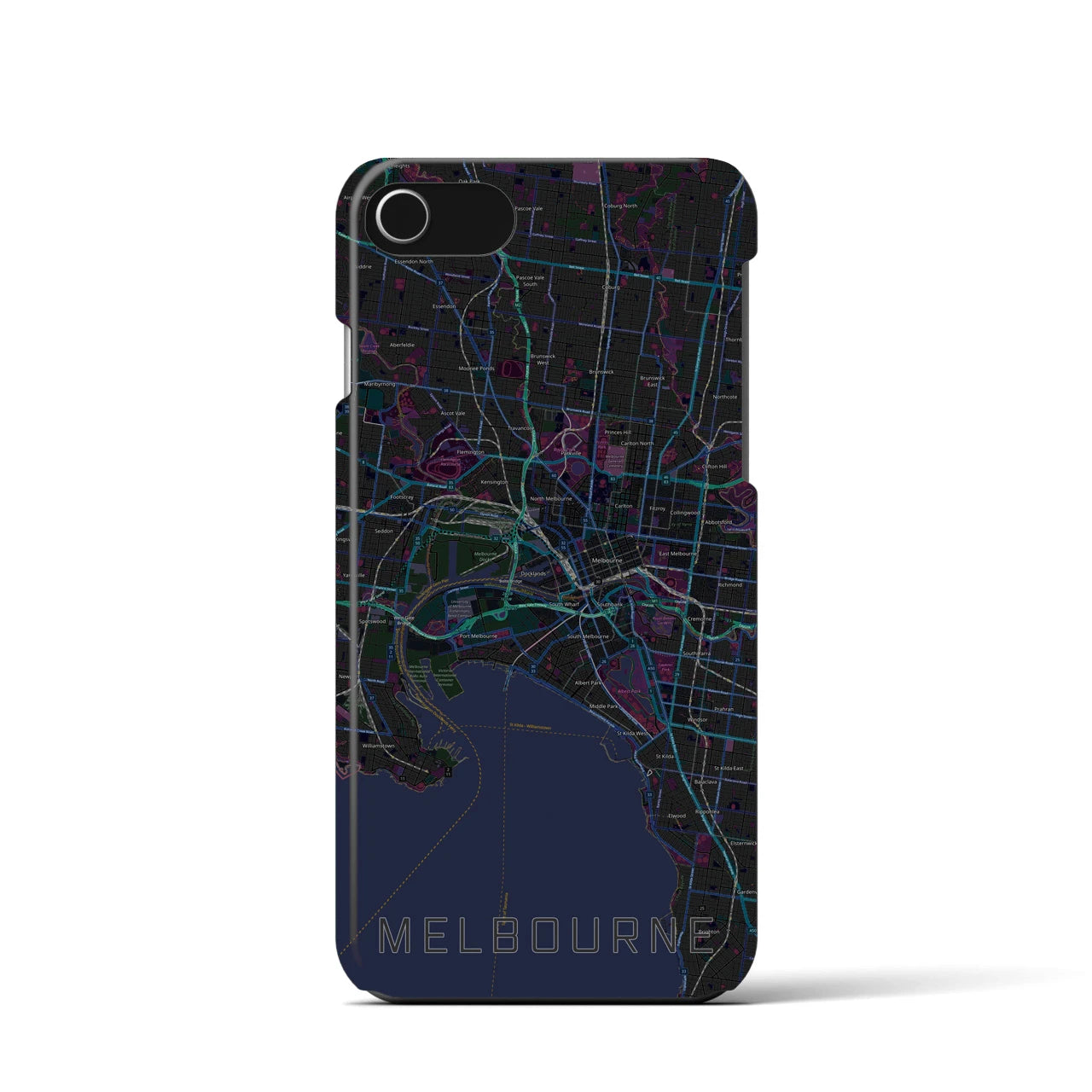 【メルボルン】地図柄iPhoneケース（バックカバータイプ・ブラック）iPhone SE（第3 / 第2世代） / 8 / 7 / 6s / 6 用