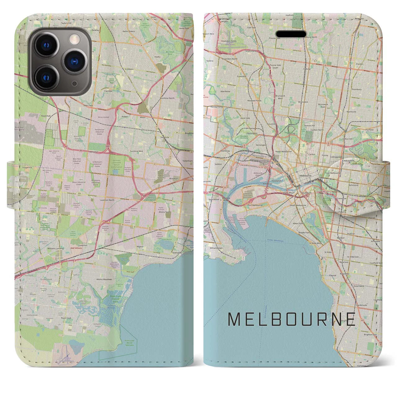 【メルボルン】地図柄iPhoneケース（手帳両面タイプ・ナチュラル）iPhone 11 Pro Max 用