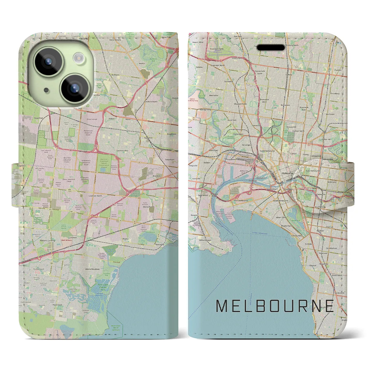 【メルボルン】地図柄iPhoneケース（手帳両面タイプ・ナチュラル）iPhone 15 用