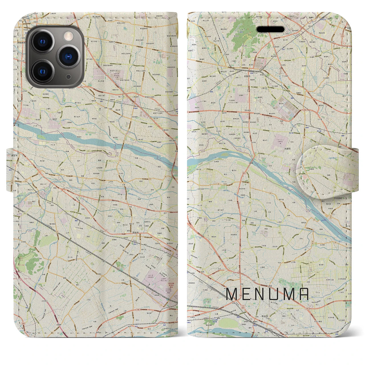 【妻沼】地図柄iPhoneケース（手帳両面タイプ・ナチュラル）iPhone 11 Pro Max 用