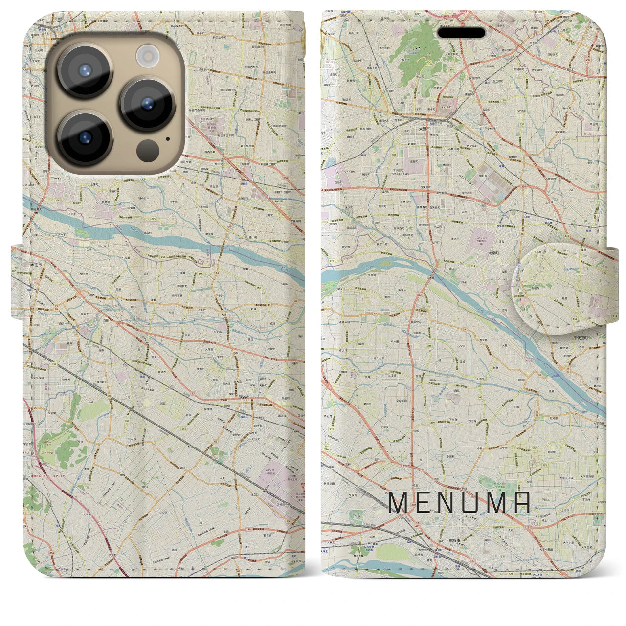 【妻沼】地図柄iPhoneケース（手帳両面タイプ・ナチュラル）iPhone 14 Pro Max 用