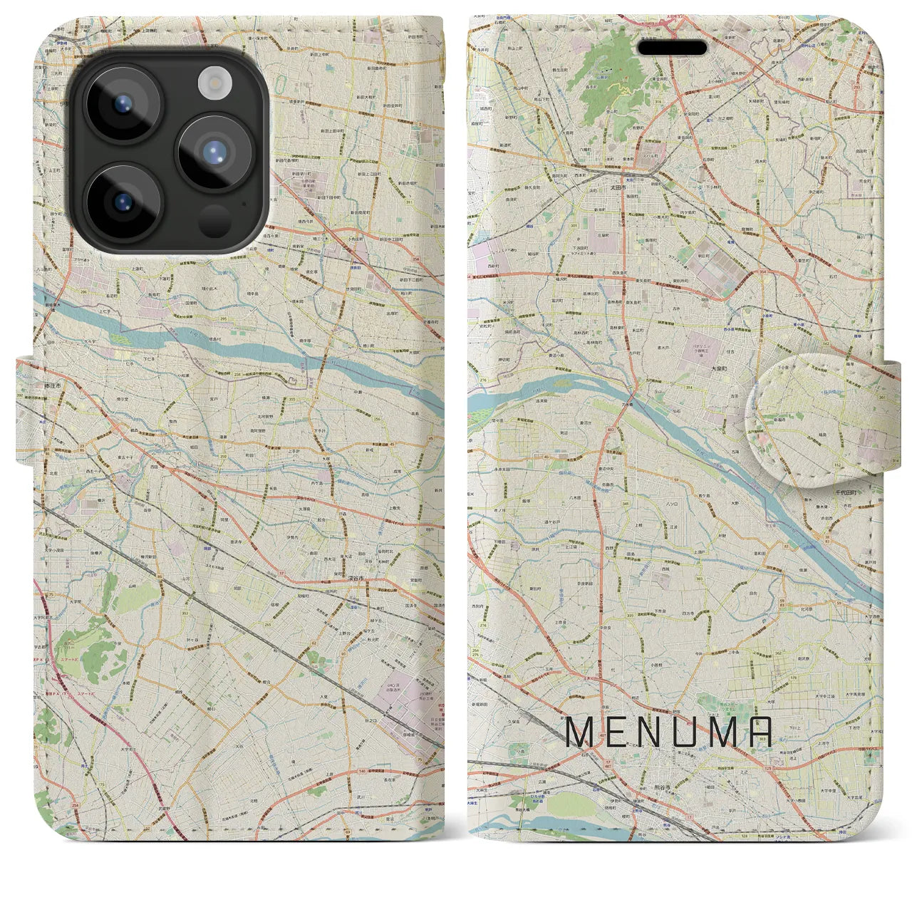【妻沼】地図柄iPhoneケース（手帳両面タイプ・ナチュラル）iPhone 15 Pro Max 用