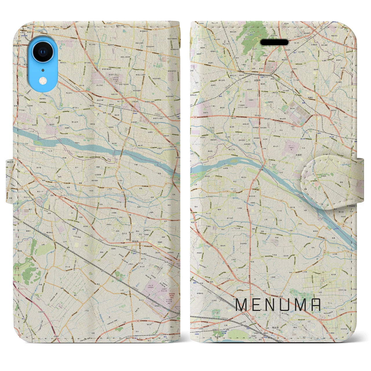 【妻沼】地図柄iPhoneケース（手帳両面タイプ・ナチュラル）iPhone XR 用