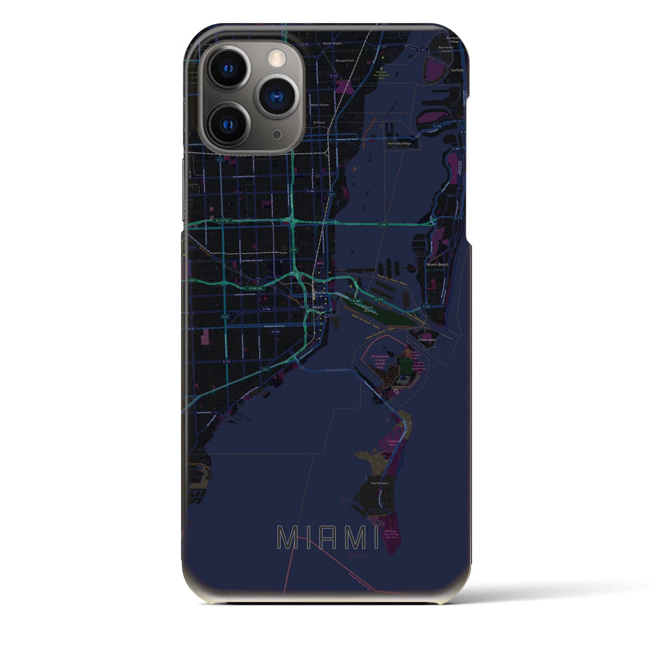 【マイアミ】地図柄iPhoneケース（バックカバータイプ・ブラック）iPhone 11 Pro Max 用
