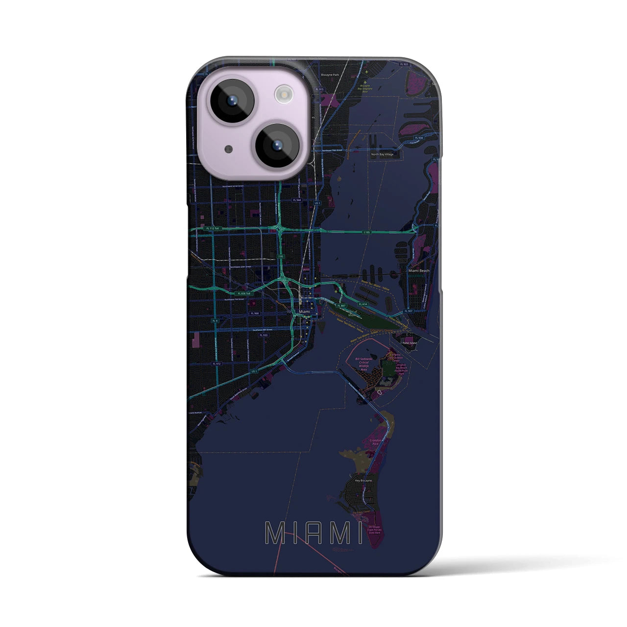 【マイアミ】地図柄iPhoneケース（バックカバータイプ・ブラック）iPhone 14 用