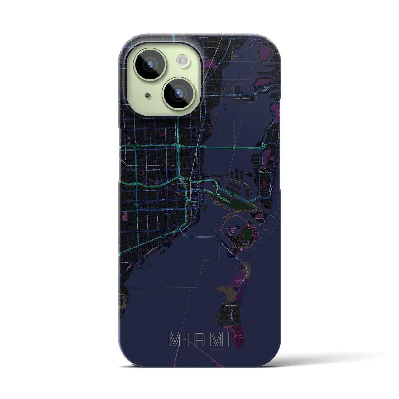 【マイアミ】地図柄iPhoneケース（バックカバータイプ・ブラック）iPhone 15 用
