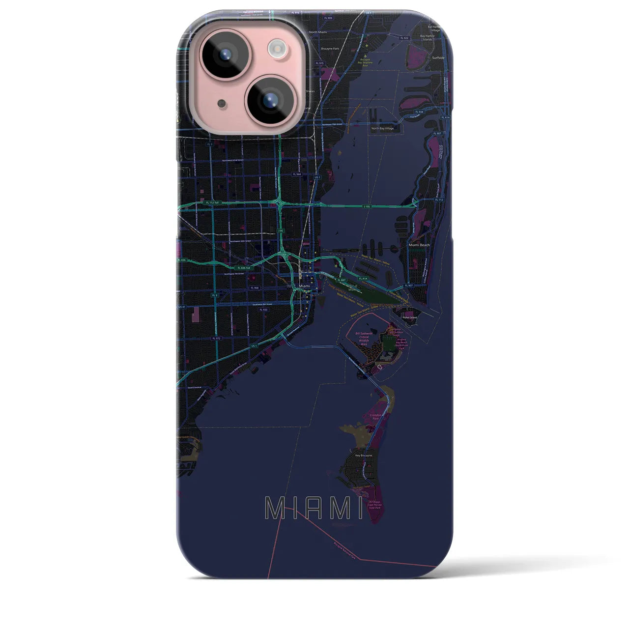 【マイアミ】地図柄iPhoneケース（バックカバータイプ・ブラック）iPhone 15 Plus 用