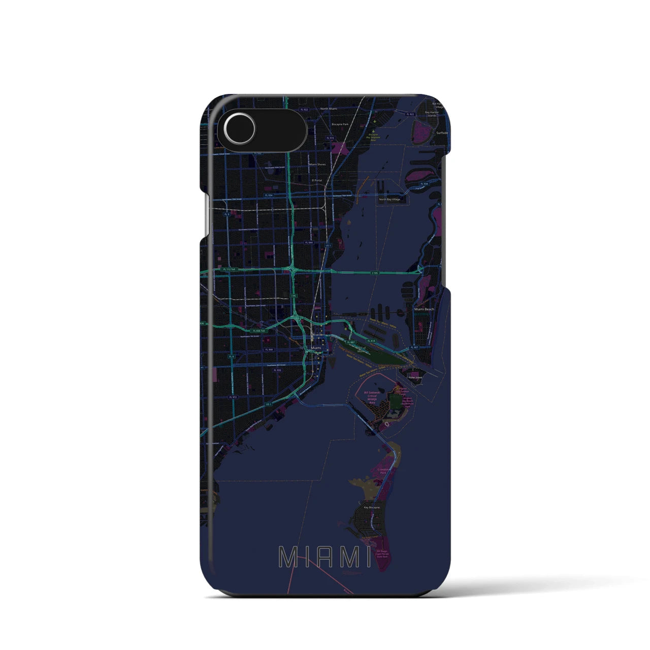【マイアミ】地図柄iPhoneケース（バックカバータイプ・ブラック）iPhone SE（第3 / 第2世代） / 8 / 7 / 6s / 6 用