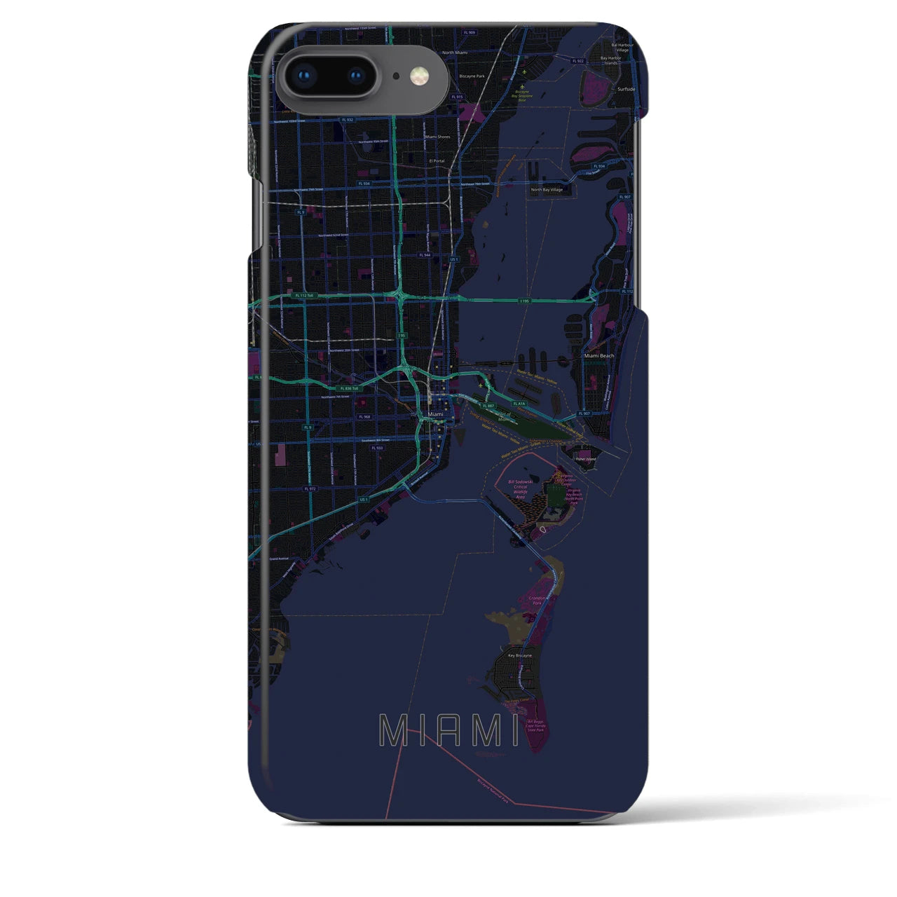 【マイアミ】地図柄iPhoneケース（バックカバータイプ・ブラック）iPhone 8Plus /7Plus / 6sPlus / 6Plus 用