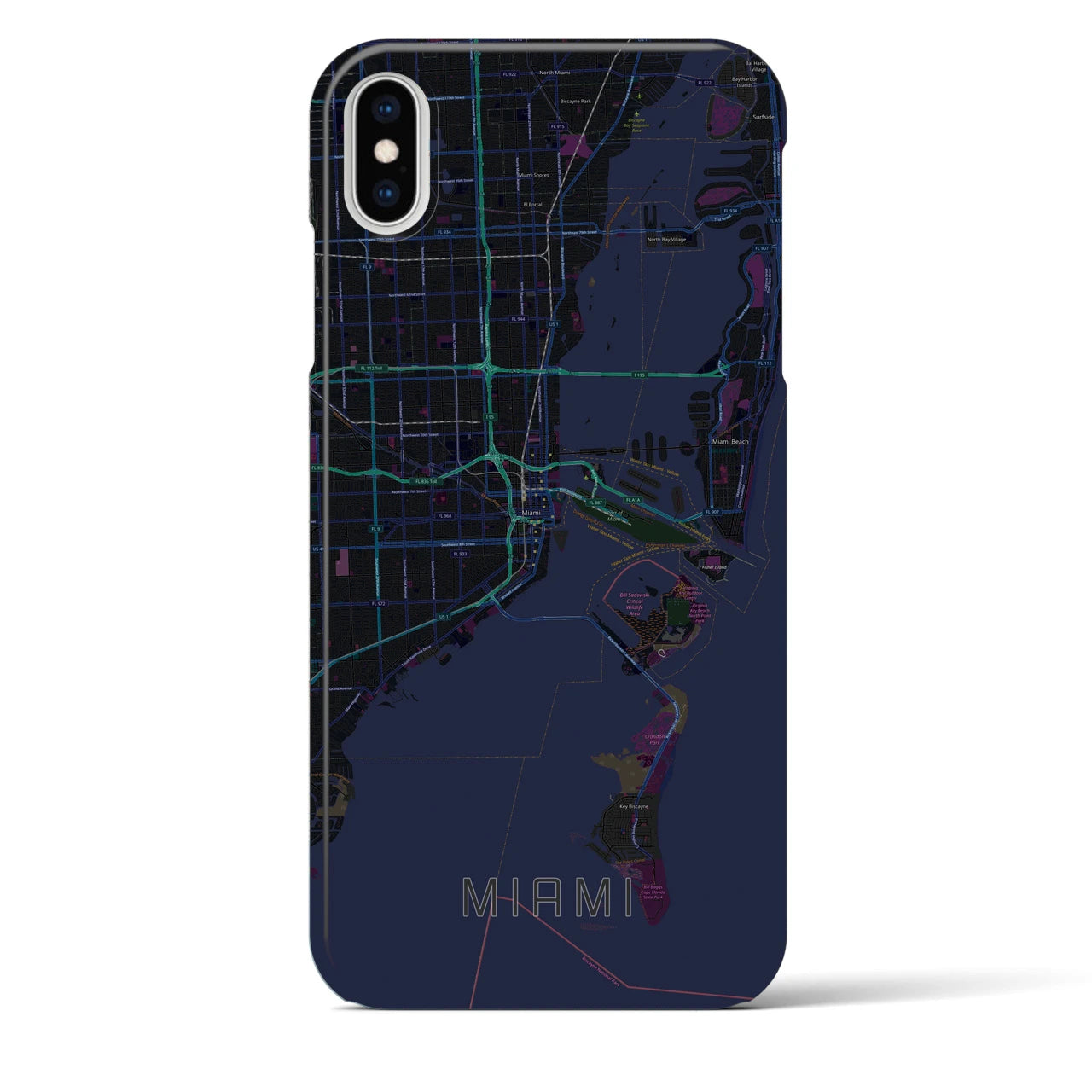 【マイアミ】地図柄iPhoneケース（バックカバータイプ・ブラック）iPhone XS Max 用