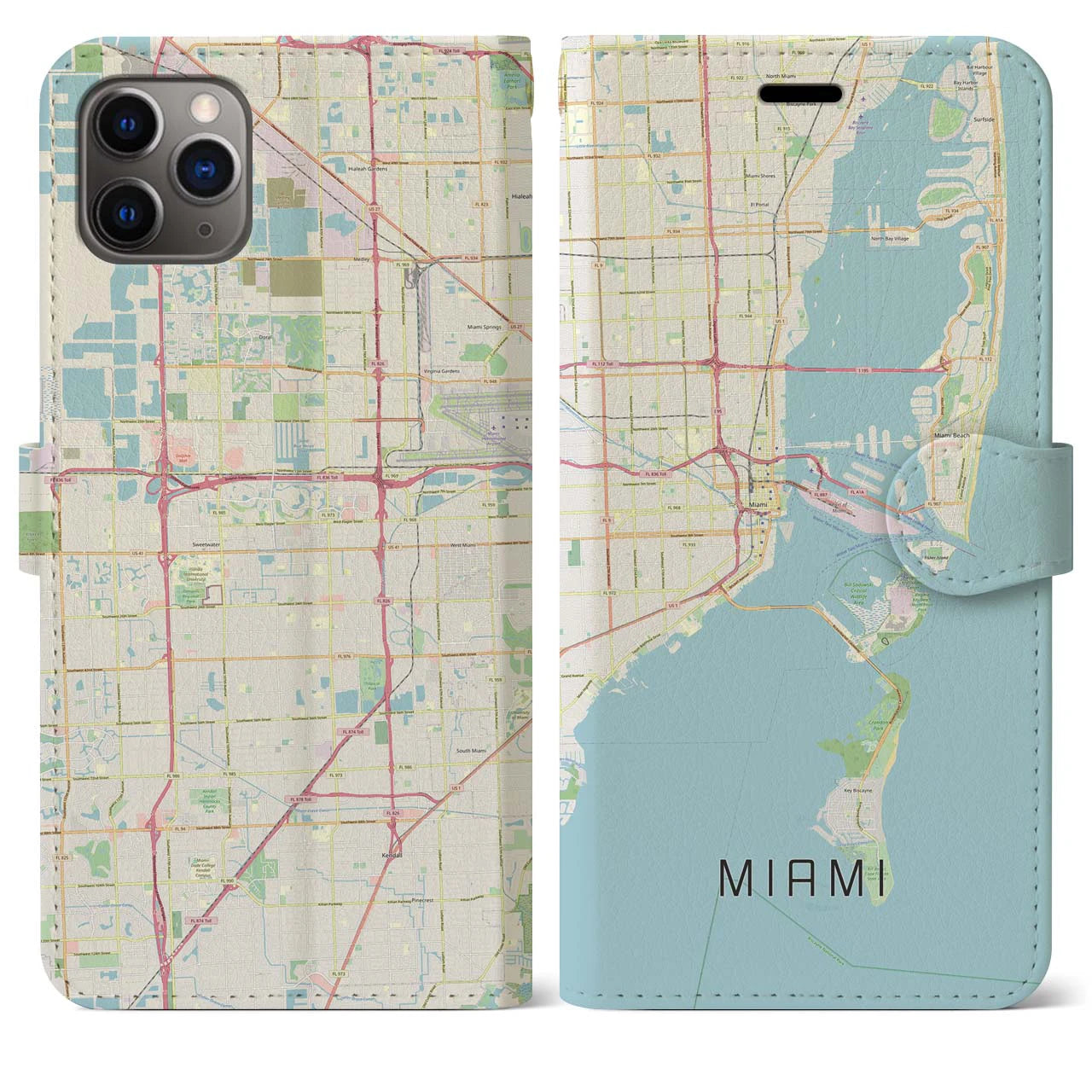 【マイアミ】地図柄iPhoneケース（手帳両面タイプ・ナチュラル）iPhone 11 Pro Max 用