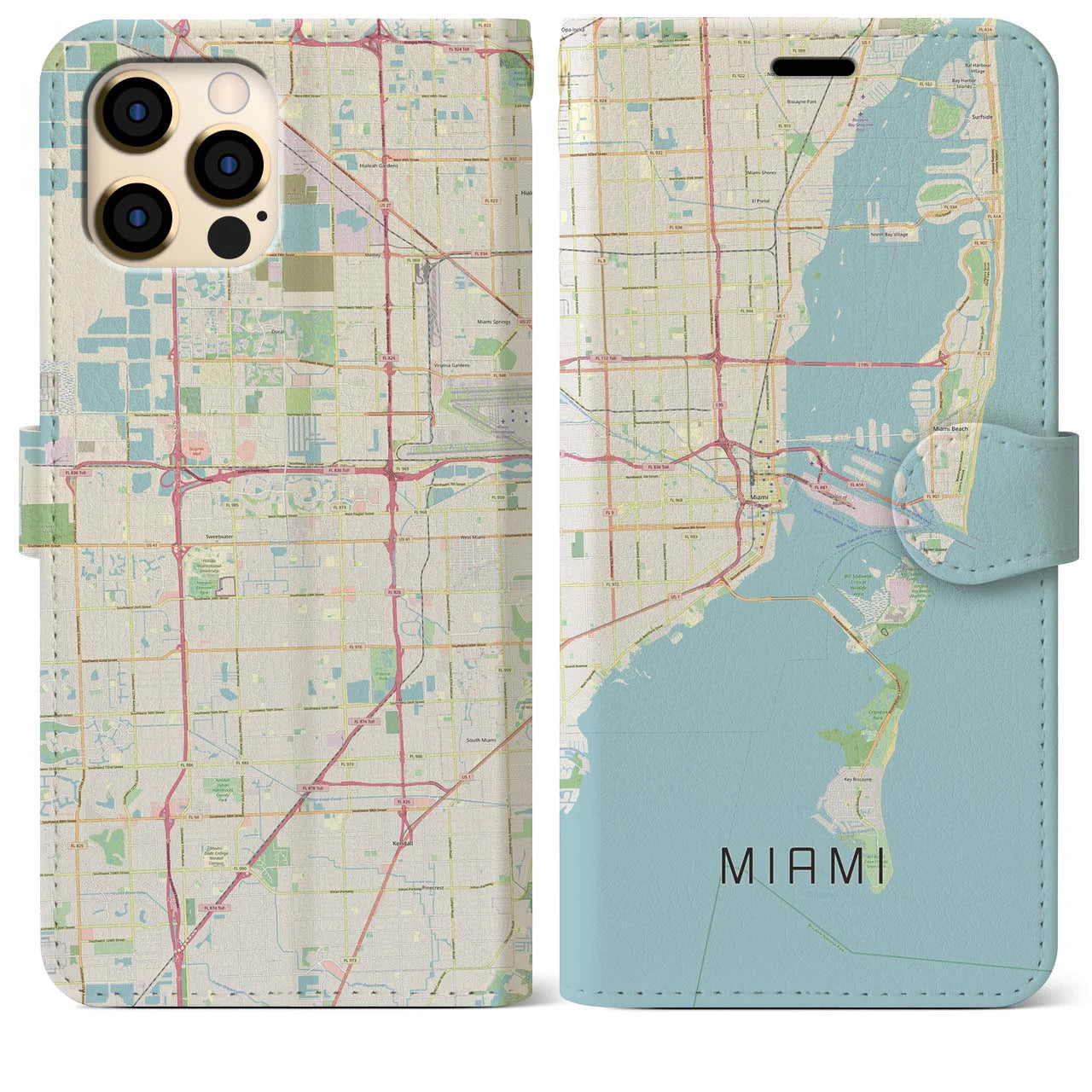 【マイアミ】地図柄iPhoneケース（手帳両面タイプ・ナチュラル）iPhone 12 Pro Max 用