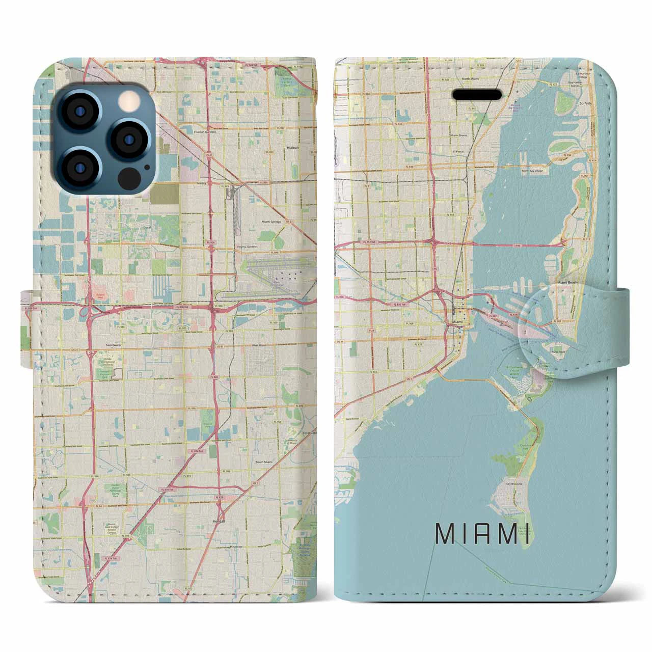 【マイアミ】地図柄iPhoneケース（手帳両面タイプ・ナチュラル）iPhone 12 / 12 Pro 用