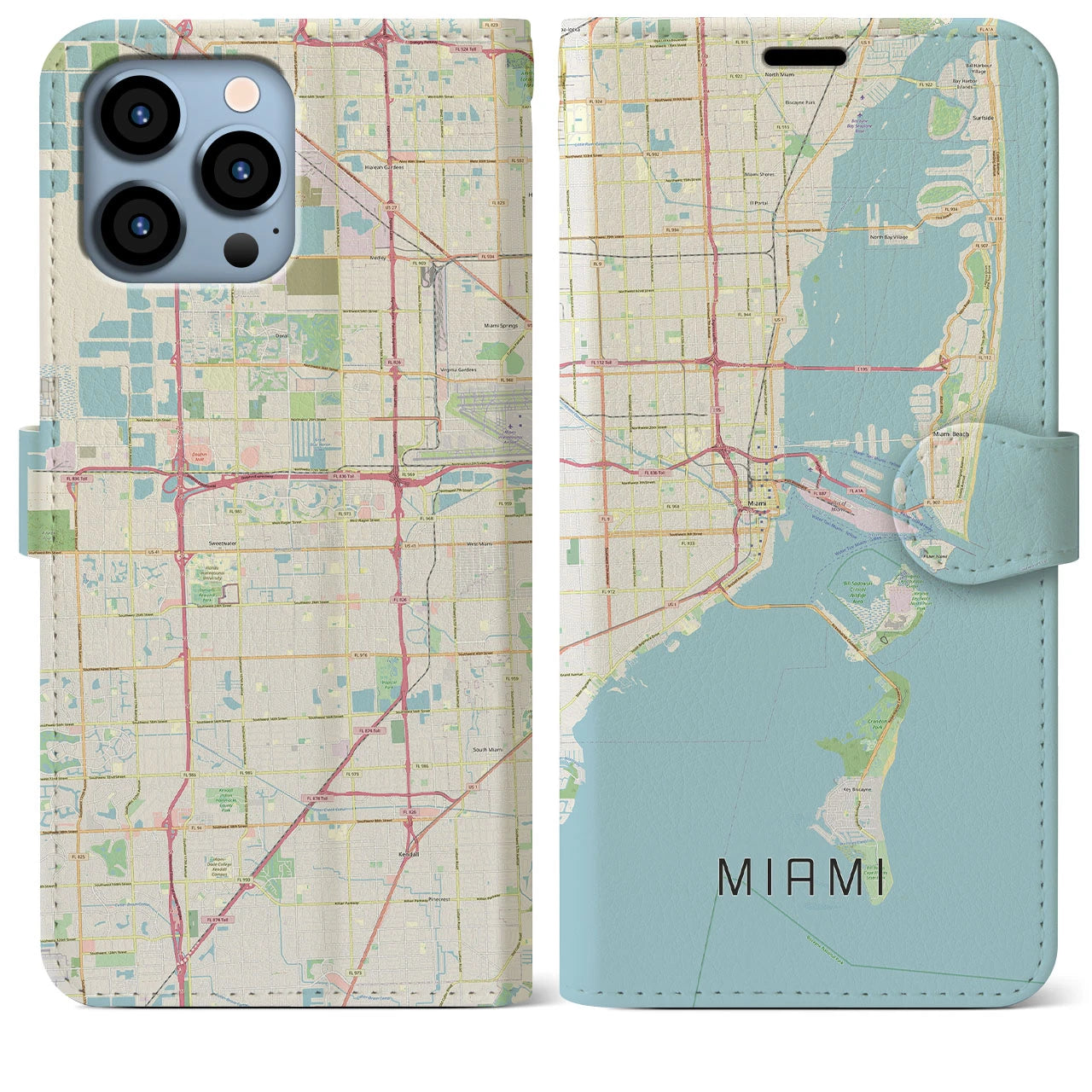 【マイアミ】地図柄iPhoneケース（手帳両面タイプ・ナチュラル）iPhone 13 Pro Max 用