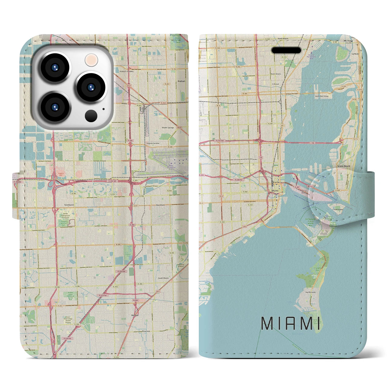 【マイアミ】地図柄iPhoneケース（手帳両面タイプ・ナチュラル）iPhone 13 Pro 用