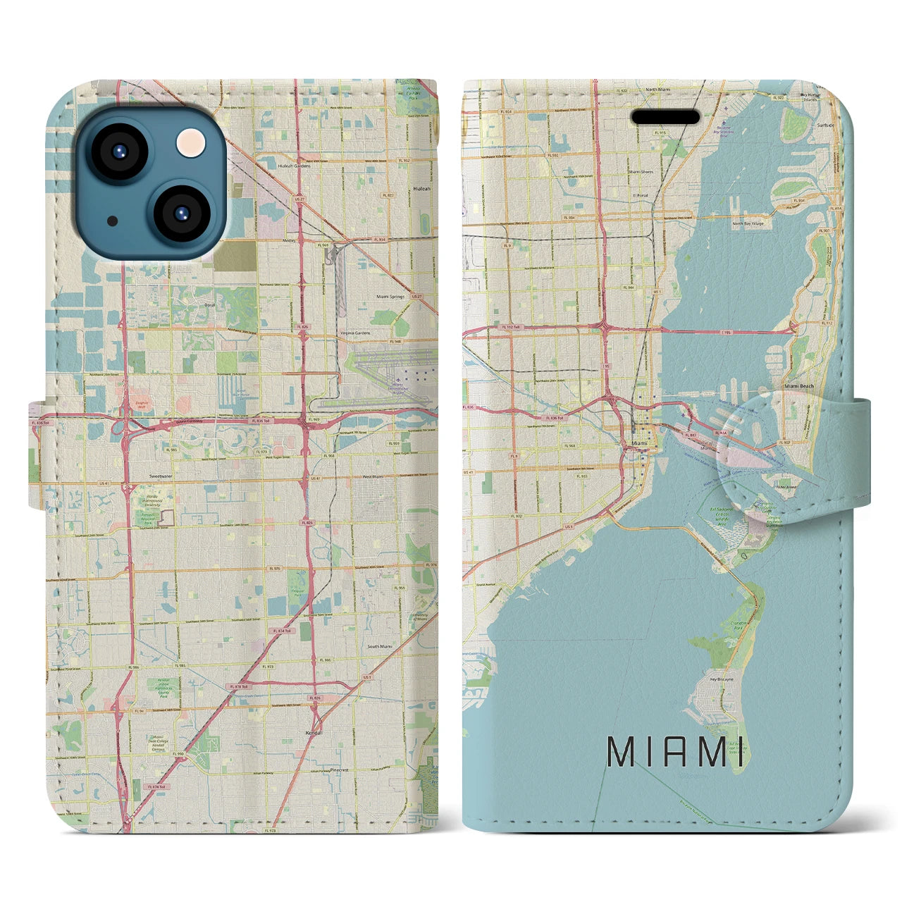 【マイアミ】地図柄iPhoneケース（手帳両面タイプ・ナチュラル）iPhone 13 用