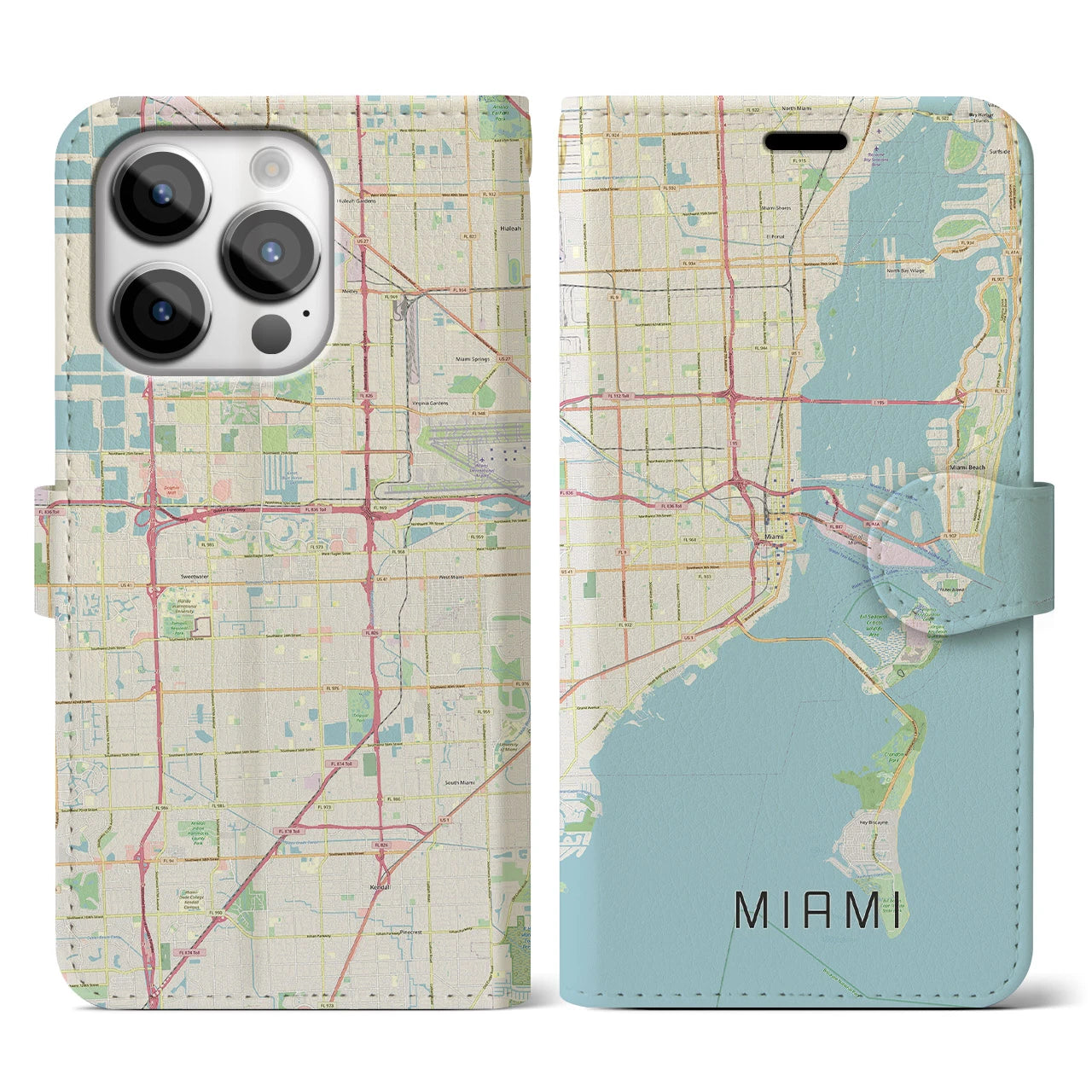 【マイアミ】地図柄iPhoneケース（手帳両面タイプ・ナチュラル）iPhone 14 Pro 用