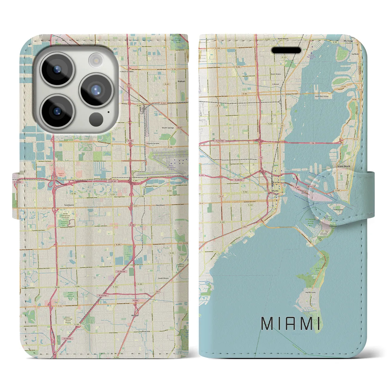 【マイアミ】地図柄iPhoneケース（手帳両面タイプ・ナチュラル）iPhone 15 Pro 用