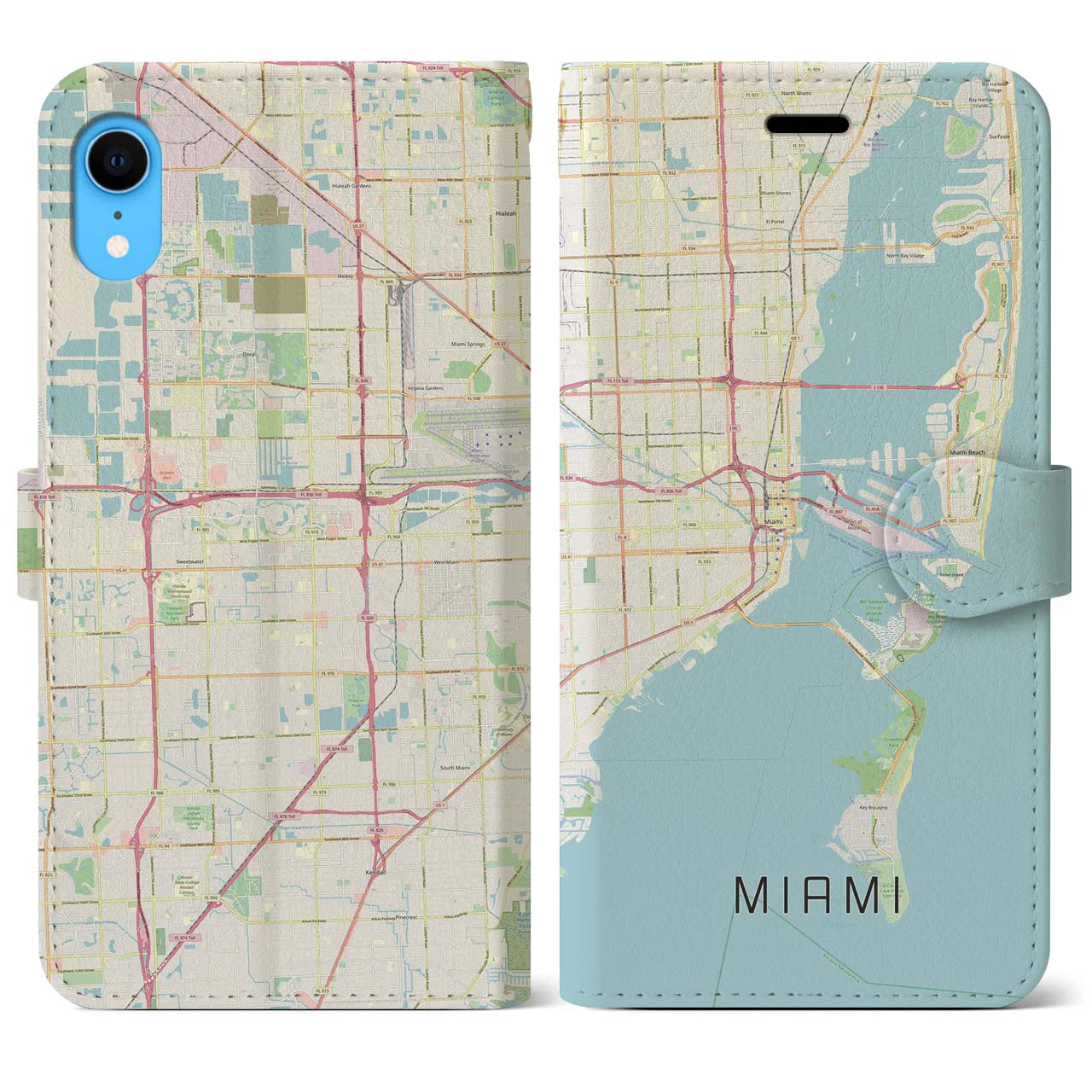 【マイアミ】地図柄iPhoneケース（手帳両面タイプ・ナチュラル）iPhone XR 用