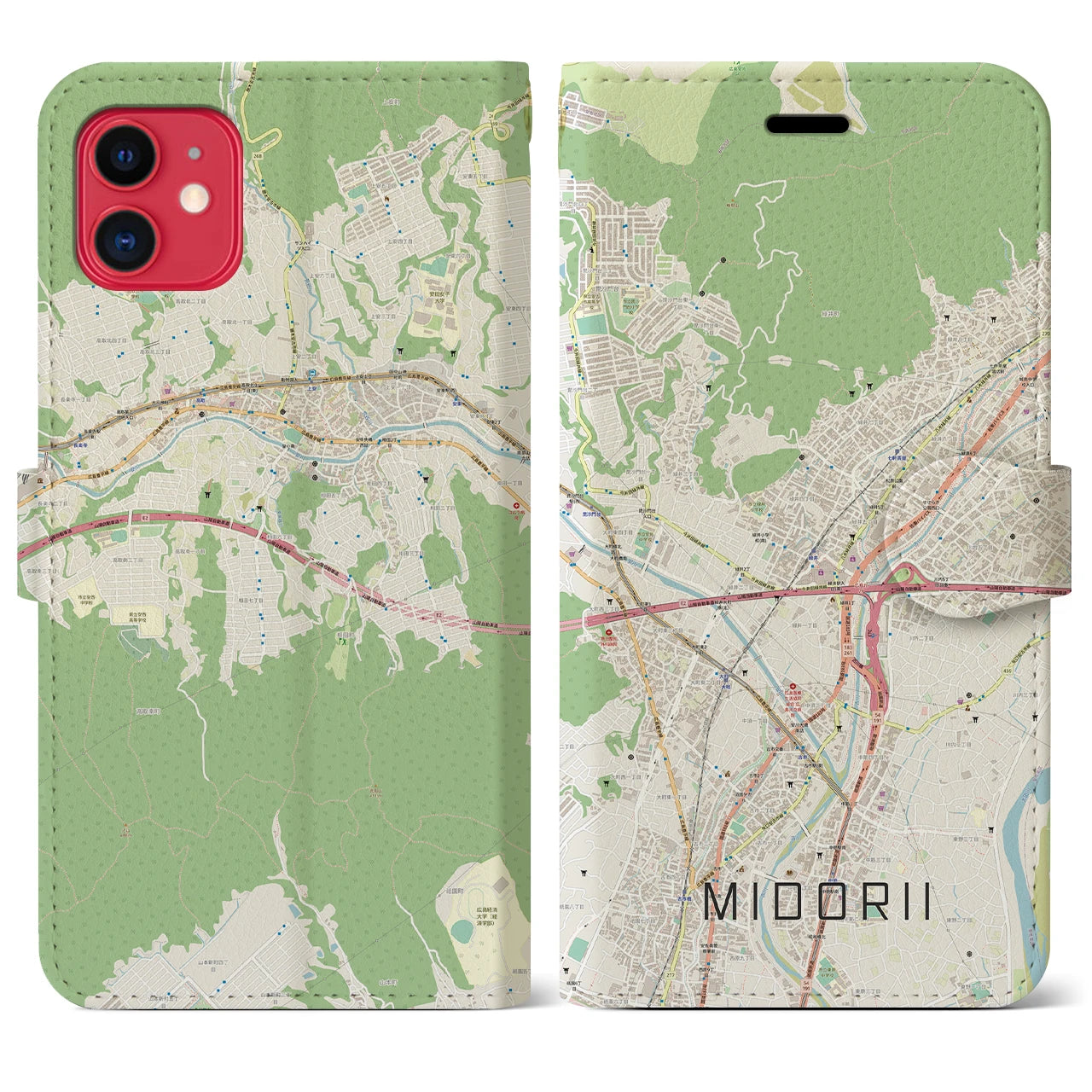 【緑井】地図柄iPhoneケース（手帳両面タイプ・ナチュラル）iPhone 11 用