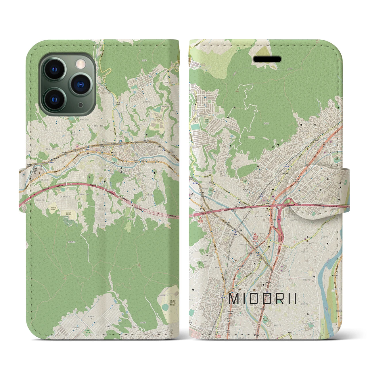 【緑井】地図柄iPhoneケース（手帳両面タイプ・ナチュラル）iPhone 11 Pro 用