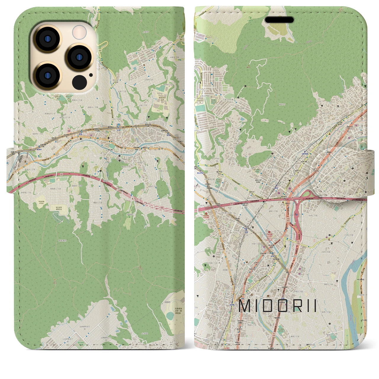 【緑井】地図柄iPhoneケース（手帳両面タイプ・ナチュラル）iPhone 12 Pro Max 用