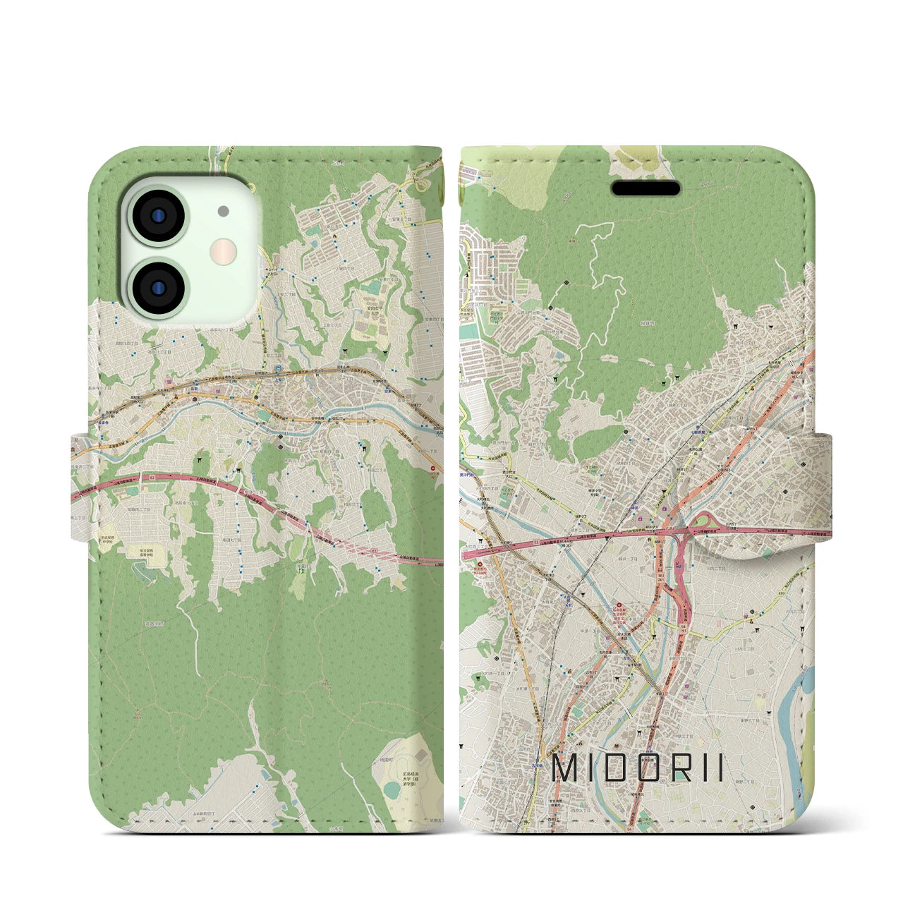 【緑井】地図柄iPhoneケース（手帳両面タイプ・ナチュラル）iPhone 12 mini 用