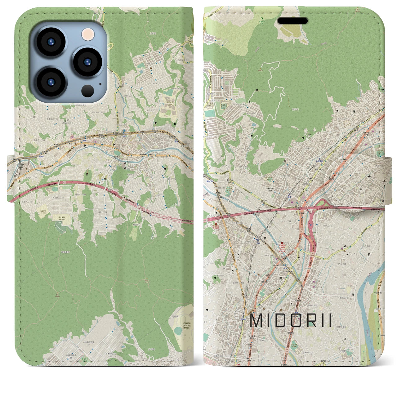 【緑井】地図柄iPhoneケース（手帳両面タイプ・ナチュラル）iPhone 13 Pro Max 用