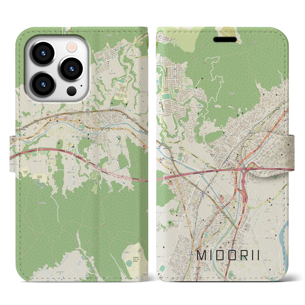 【緑井】地図柄iPhoneケース（手帳両面タイプ・ナチュラル）iPhone 13 Pro 用