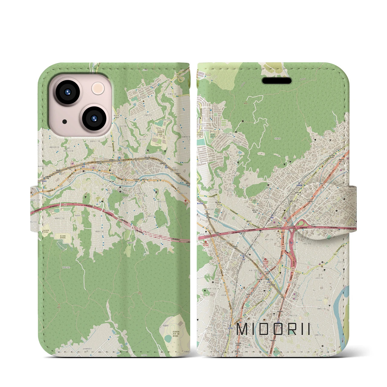 【緑井】地図柄iPhoneケース（手帳両面タイプ・ナチュラル）iPhone 13 mini 用