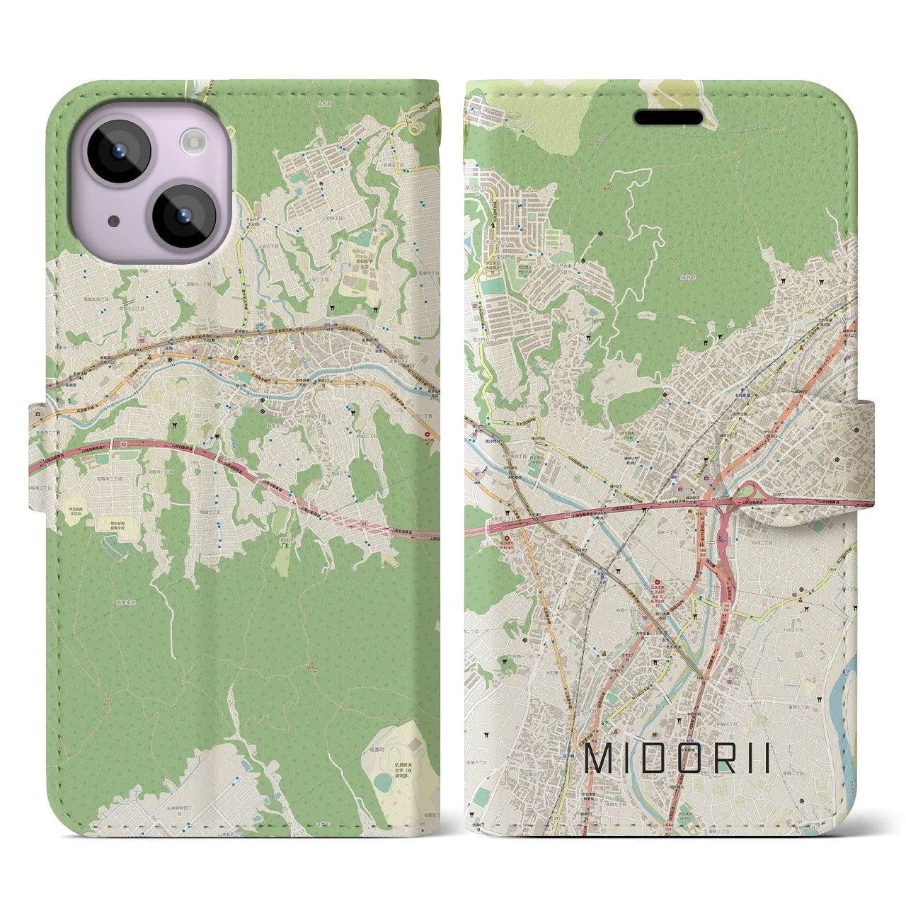 【緑井】地図柄iPhoneケース（手帳両面タイプ・ナチュラル）iPhone 14 用