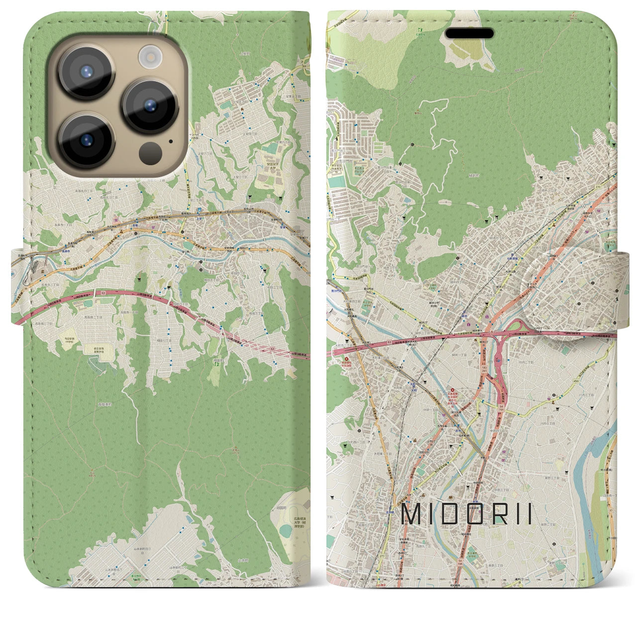 【緑井】地図柄iPhoneケース（手帳両面タイプ・ナチュラル）iPhone 14 Pro Max 用