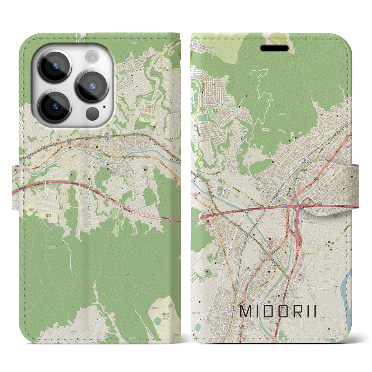 【緑井】地図柄iPhoneケース（手帳両面タイプ・ナチュラル）iPhone 14 Pro 用