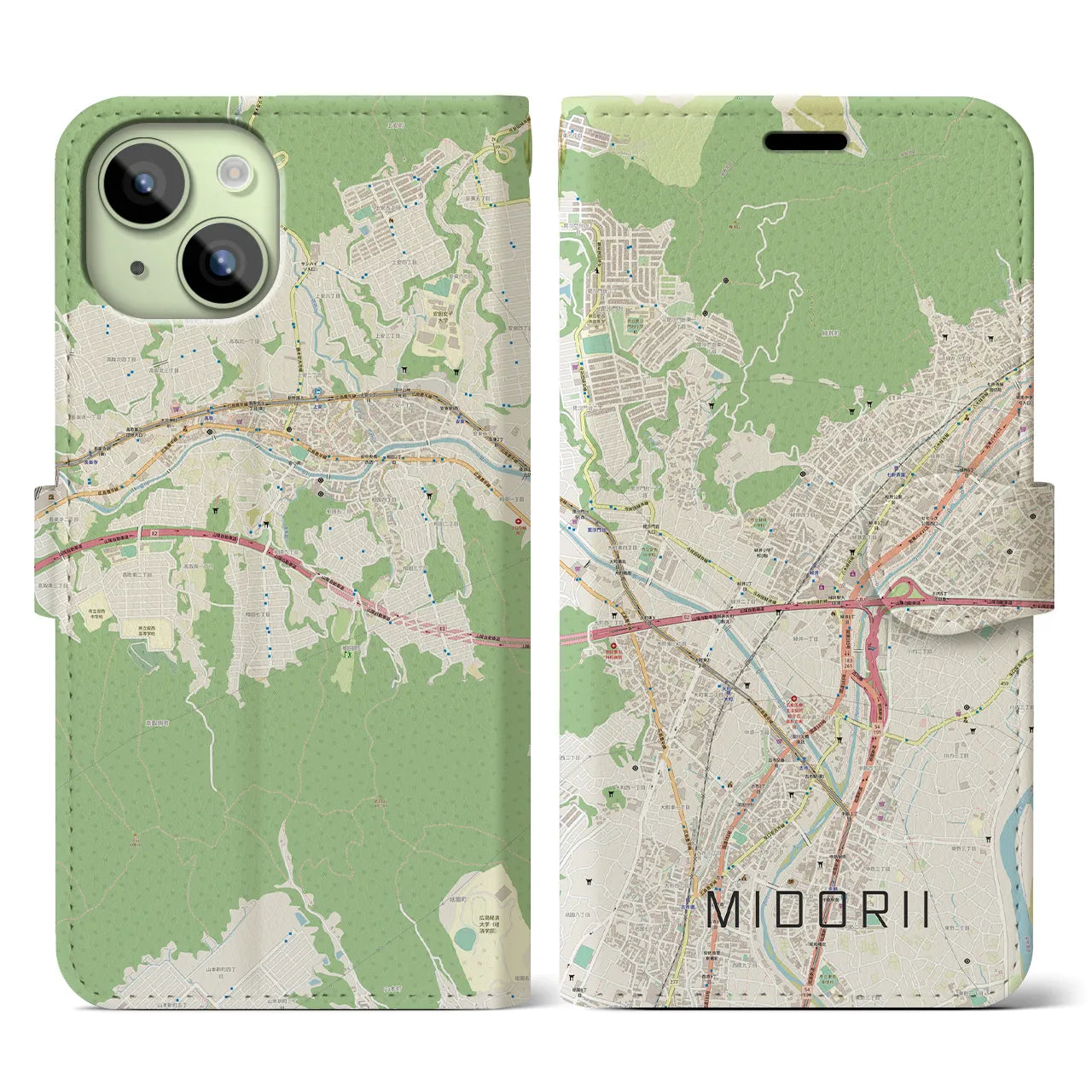 【緑井】地図柄iPhoneケース（手帳両面タイプ・ナチュラル）iPhone 15 用