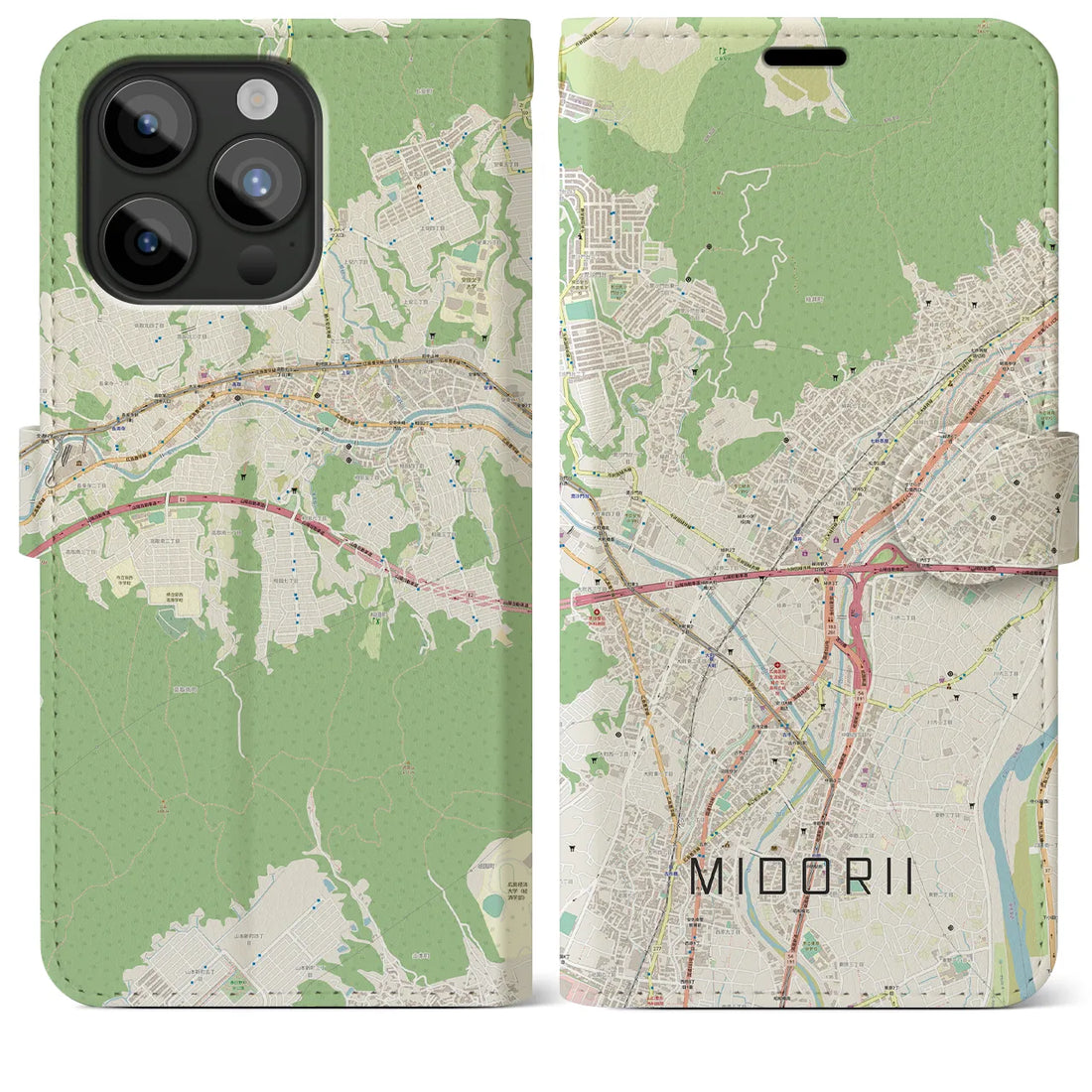 【緑井】地図柄iPhoneケース（手帳両面タイプ・ナチュラル）iPhone 15 Pro Max 用