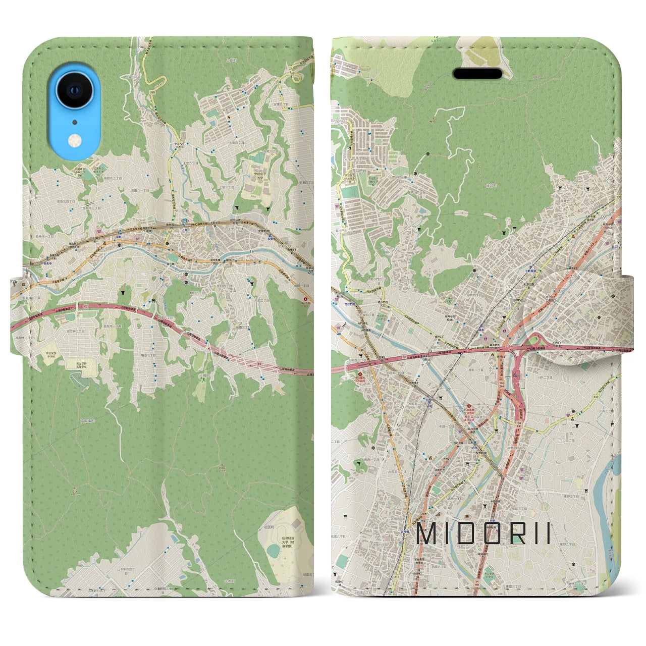 【緑井】地図柄iPhoneケース（手帳両面タイプ・ナチュラル）iPhone XR 用
