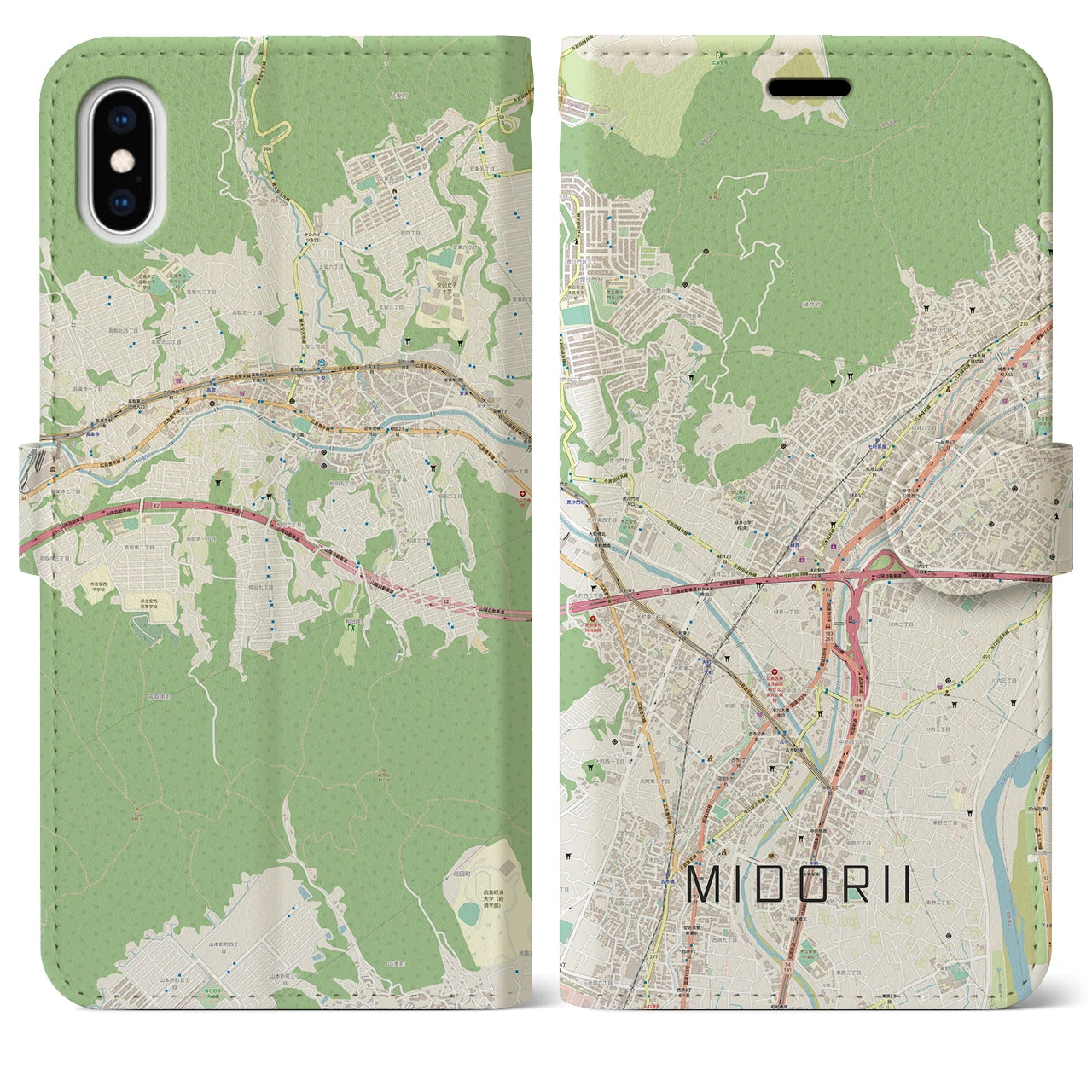 【緑井】地図柄iPhoneケース（手帳両面タイプ・ナチュラル）iPhone XS Max 用