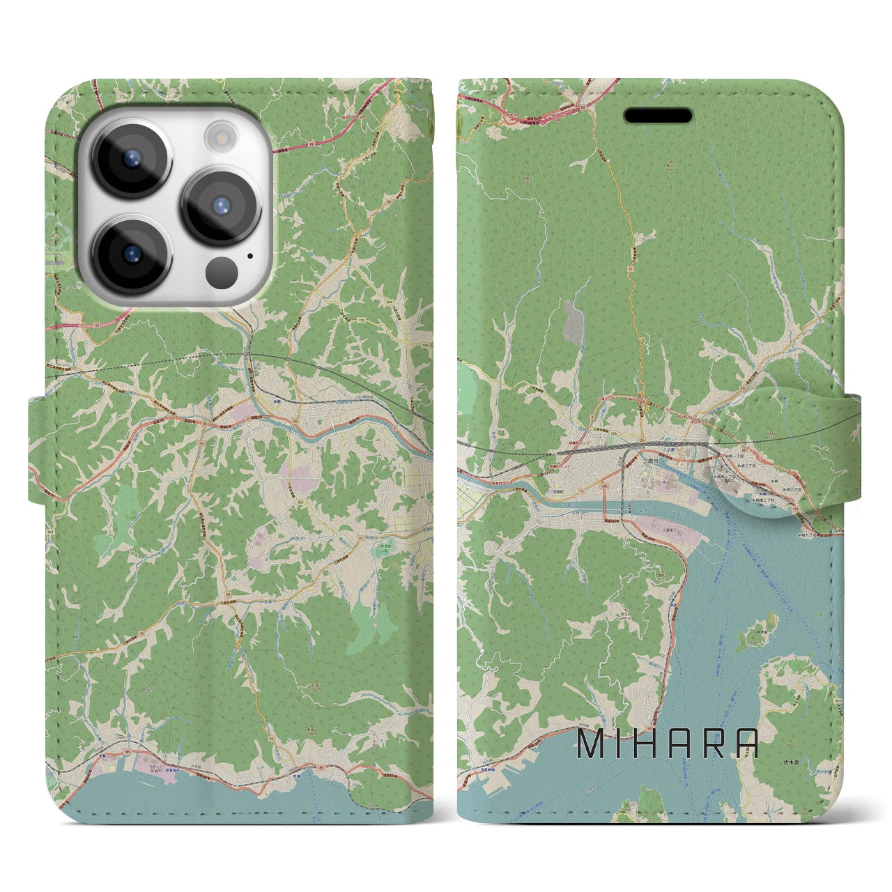 【三原】地図柄iPhoneケース（手帳両面タイプ・ナチュラル）iPhone 14 Pro 用