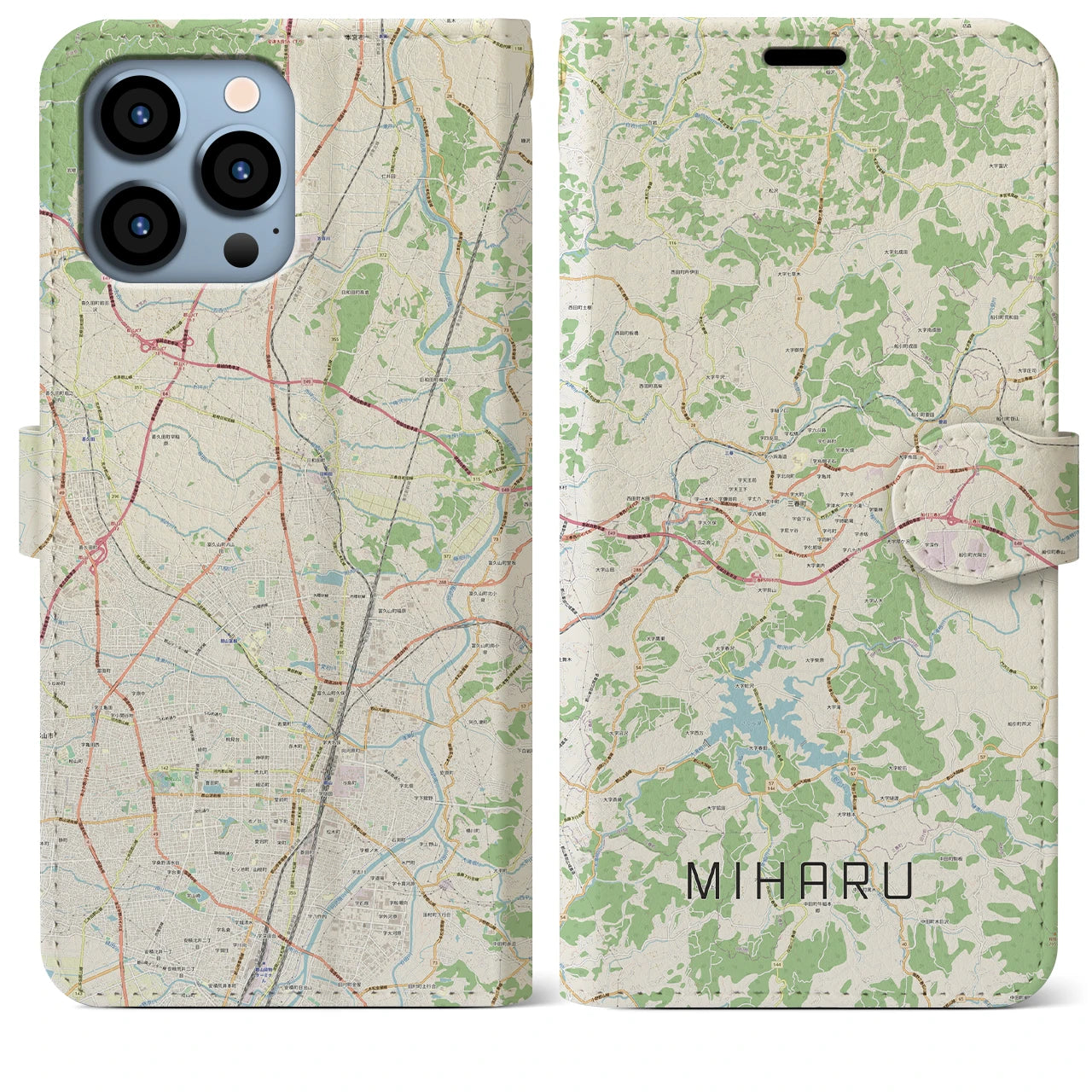 【三春】地図柄iPhoneケース（手帳両面タイプ・ナチュラル）iPhone 13 Pro Max 用