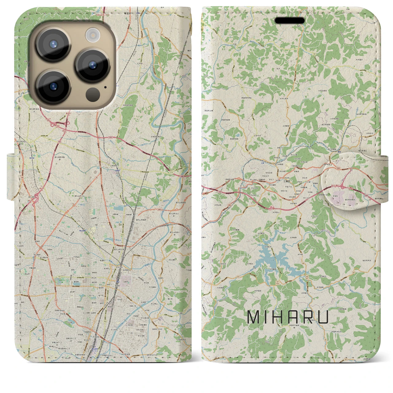 【三春】地図柄iPhoneケース（手帳両面タイプ・ナチュラル）iPhone 14 Pro Max 用