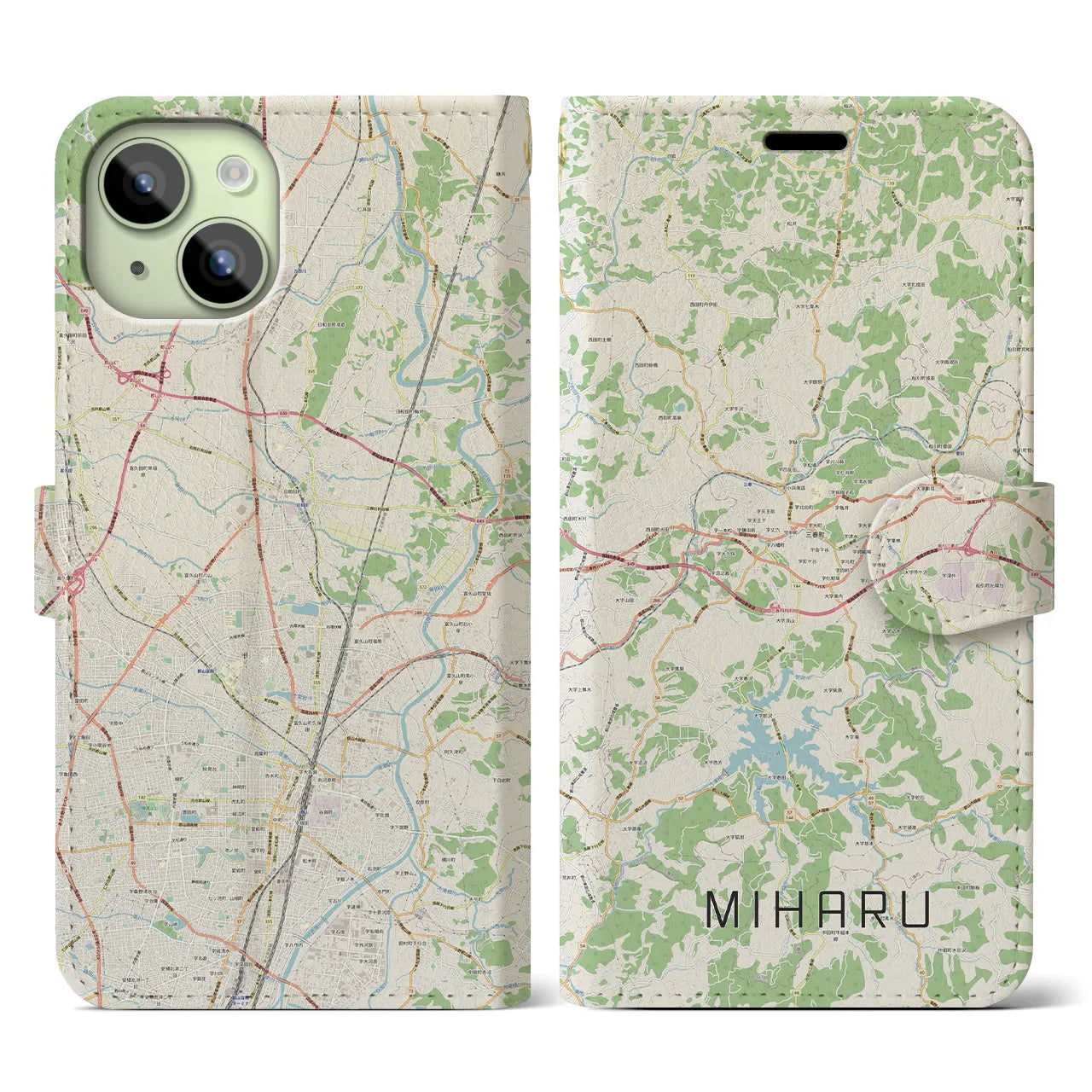 【三春】地図柄iPhoneケース（手帳両面タイプ・ナチュラル）iPhone 15 用