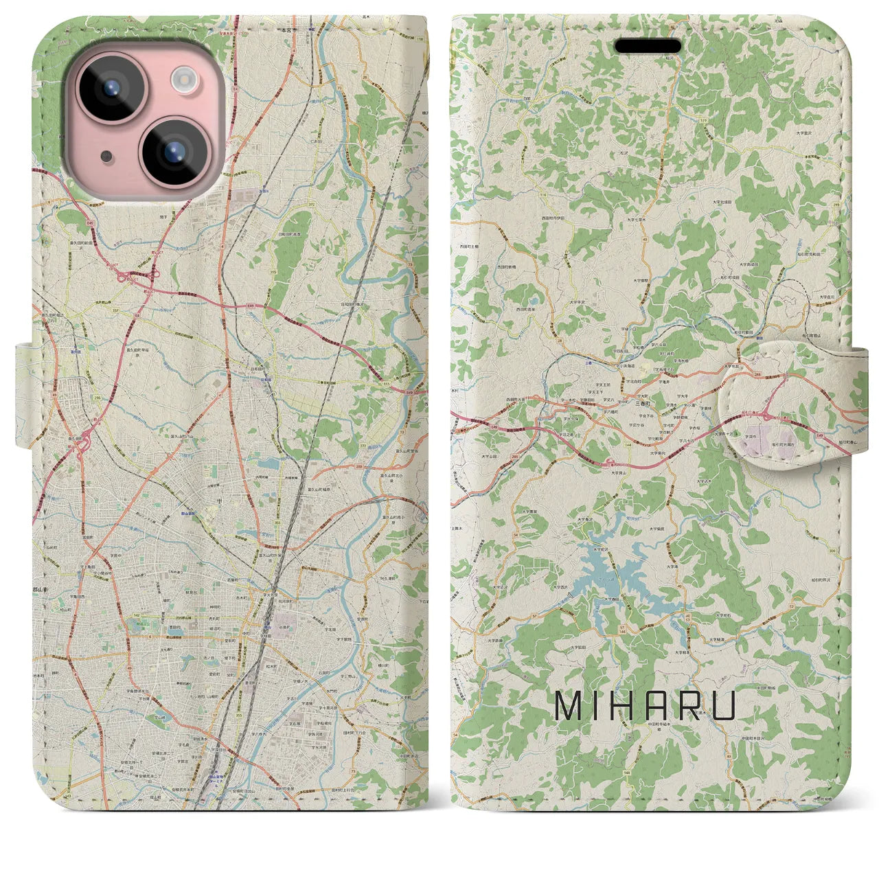 【三春】地図柄iPhoneケース（手帳両面タイプ・ナチュラル）iPhone 15 Plus 用