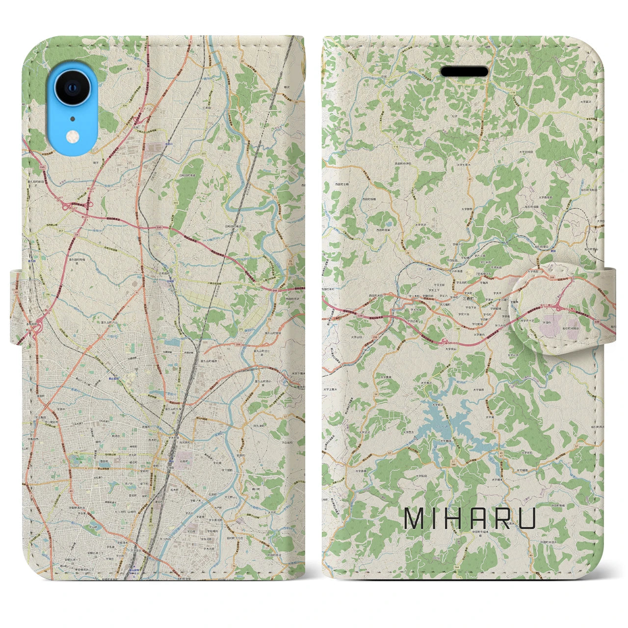 【三春】地図柄iPhoneケース（手帳両面タイプ・ナチュラル）iPhone XR 用