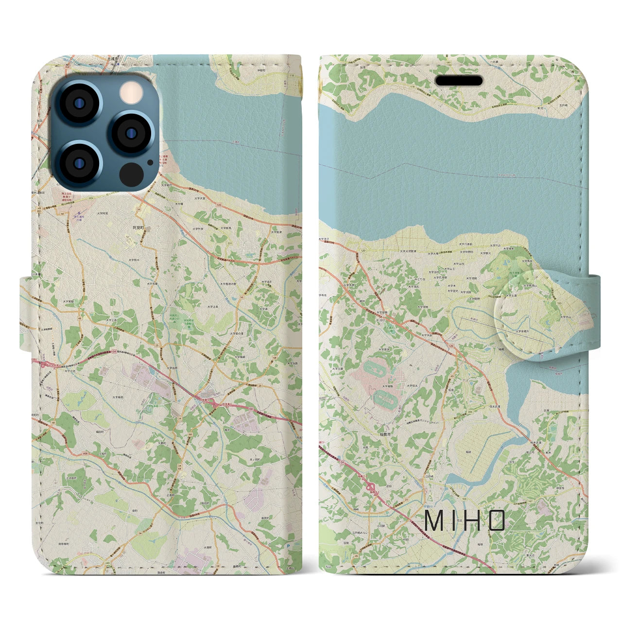 【美浦】地図柄iPhoneケース（手帳両面タイプ・ナチュラル）iPhone 12 / 12 Pro 用