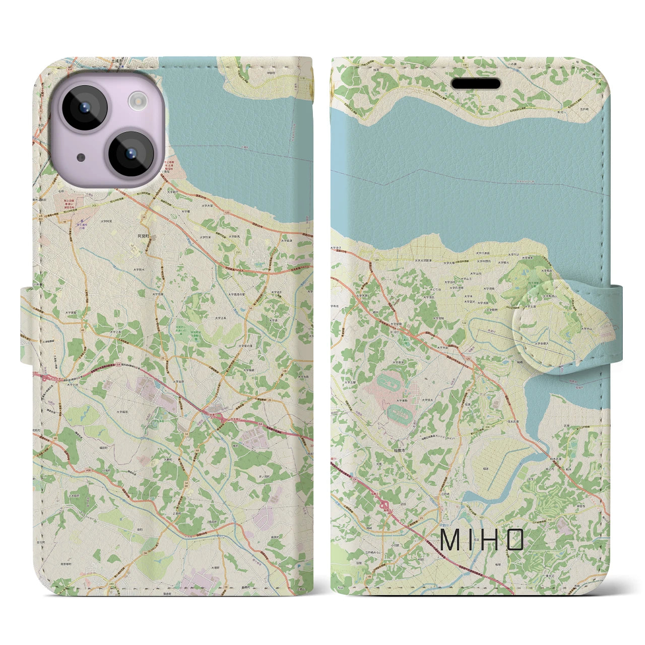 【美浦】地図柄iPhoneケース（手帳両面タイプ・ナチュラル）iPhone 14 用