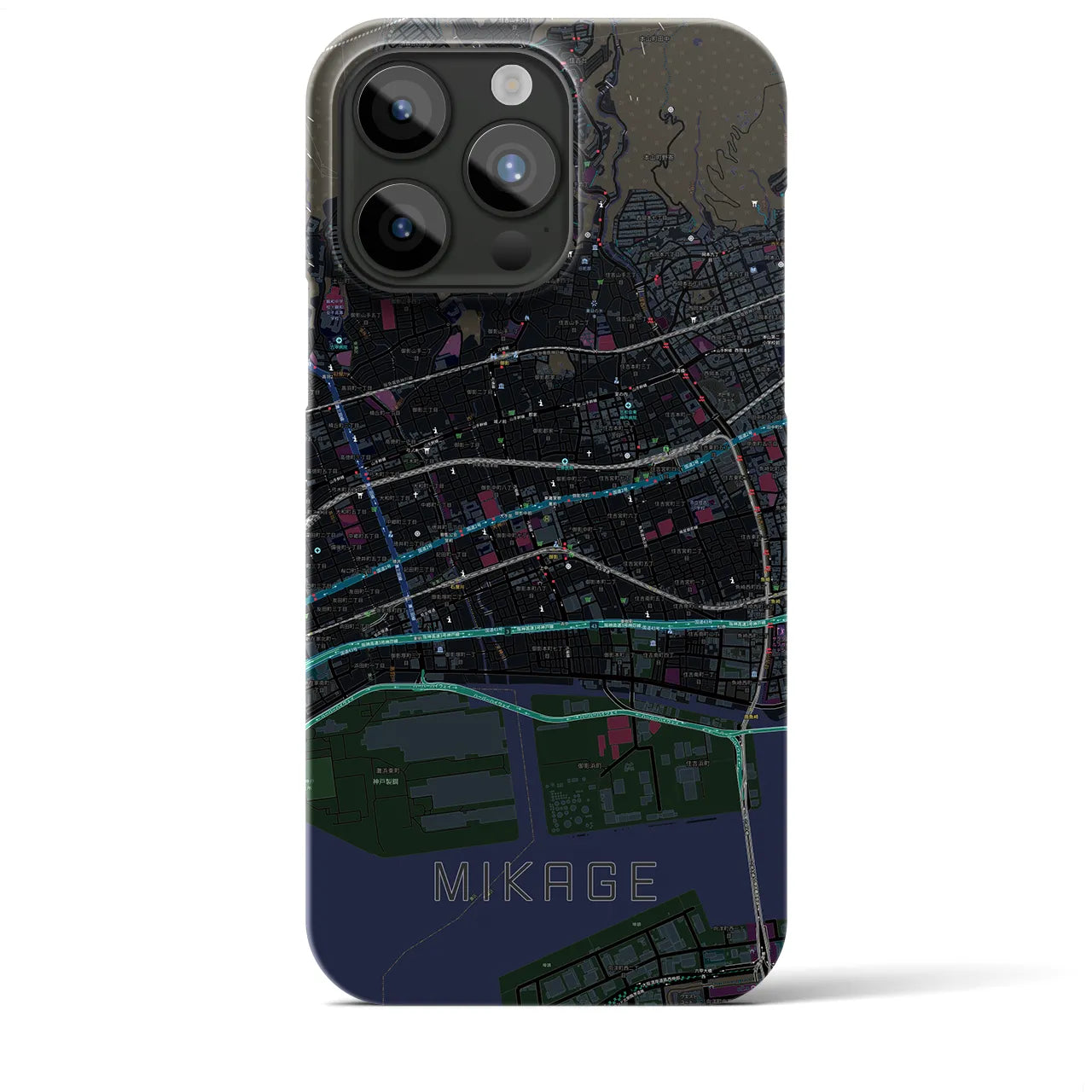 【御影】地図柄iPhoneケース（バックカバータイプ・ブラック）iPhone 15 Pro Max 用